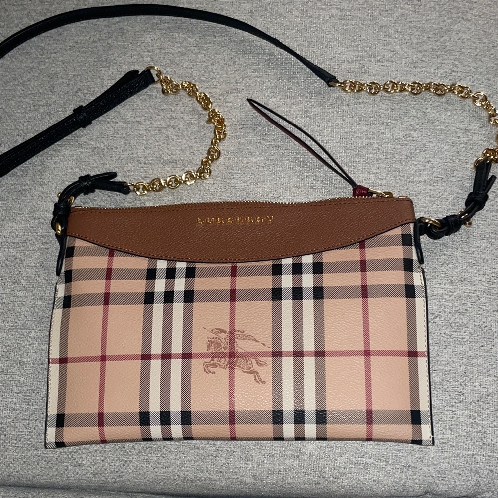 Burberry Beige Check Crossbody with Brown Leather Trim and Gold Chain